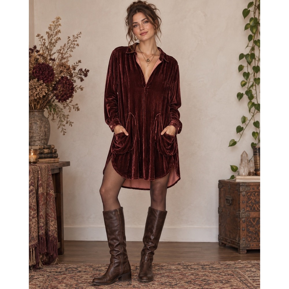 Free People XS Burgundy Velvet Tunic Dress w/ Pockets Whimsigoth Boho Y2K Grunge
